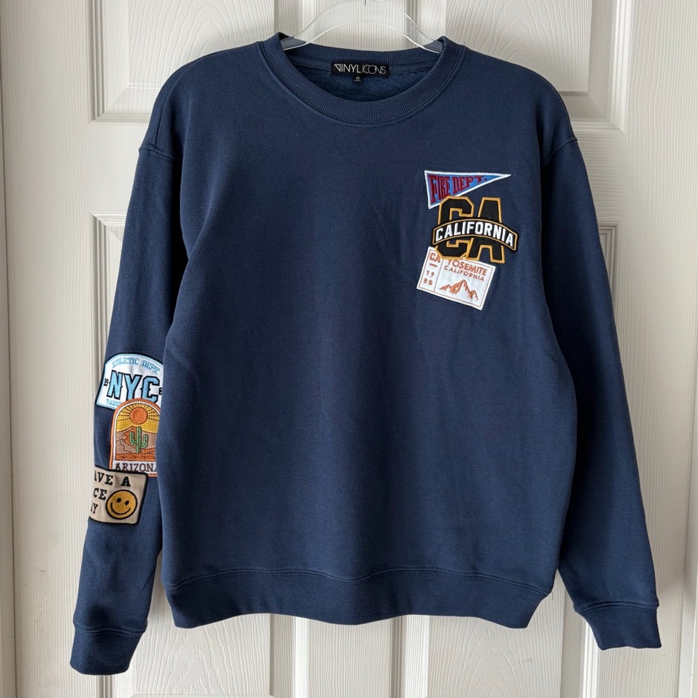 Vinyl Icons Navy Cluster Patch Pattern Crewneck Sweater